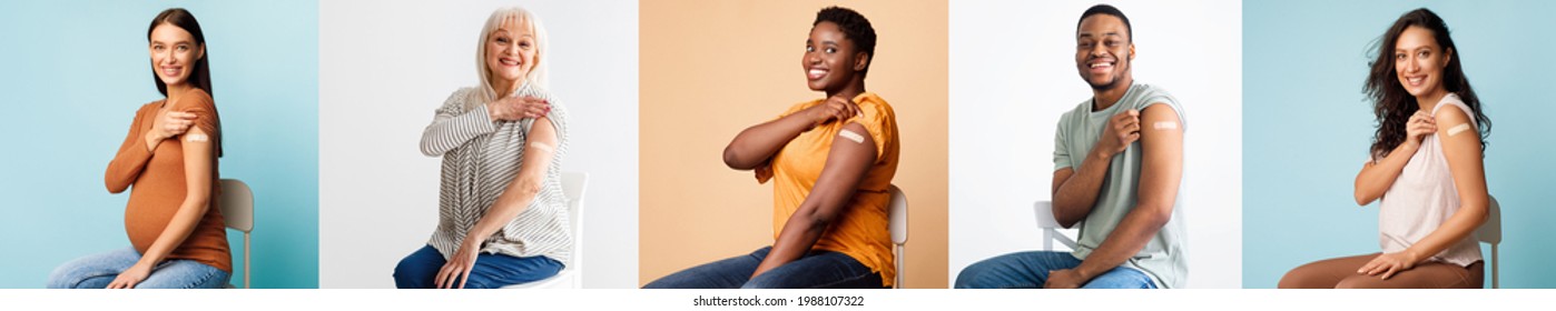 Healthcare And Inoculation Concept. Portraits Of Smiling Diverse Patients Showing Vaccinated Arms With Plaster On Shoulders After Coronavirus Vaccination. Studio Collage, Panorama. Antiviral Vaccine - Shutterstock ID 1988107322