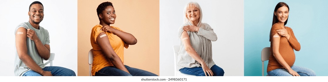 Healthcare And Inoculation Concept. Portraits Of Smiling Diverse Patients Showing Vaccinated Arms With Plaster On Shoulders After Coronavirus Vaccination. Studio Collage, Panorama. Antiviral Vaccine - Powered by Shutterstock