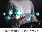 Healthcare insurance concept, Awareness of health care of the general public, Women people show plus icon for the healthcare medical Their healthcare, Treatment, Hospital, Expenses from illness