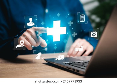 Healthcare insurance, Virtual medical network connection concept, Businesswomen touch plus icon for the healthcare medical, Their healthcare, Treatment, Hospital, Expenses from illness, telemedicine