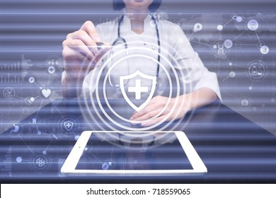 Healthcare. Life And Health Protection. Medical Doctor Use Modern Pc. Medical Concept.