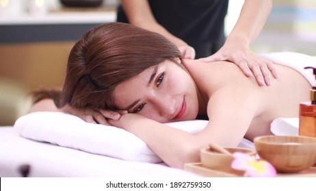 Healthcare massage girl relaxing spa on white bed body care wellness