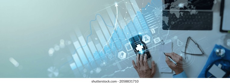 Healthcare And Medical Business Vitual Graph Data And Growth With Medical Examination And Doctor Analyzing Medical Report Network Connection On Smartphone. 