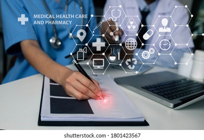 Healthcare and medical concept. Double exposure of doctor surgeon and nurse working with technological digital futuristic virtual interface icons, - Shutterstock ID 1801423567
