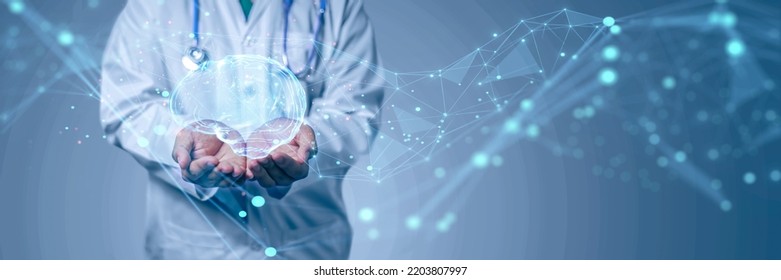 Healthcare medical doctor examining brain surgeon expert specialist diagnosing symptoms for illness, holographics UI assistance futuristic technology, information analysis diagnostic examination. - Shutterstock ID 2203807997