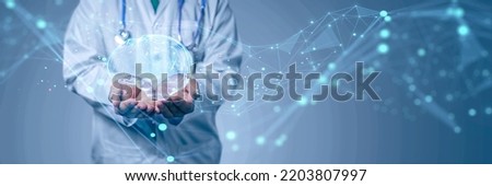 Healthcare medical doctor examining brain surgeon expert specialist diagnosing symptoms for illness, holographics UI assistance futuristic technology, information analysis diagnostic examination.