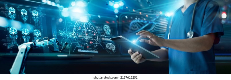 Healthcare and medical, Doctor and robotics research diagnose Human brains scan. Record and report with modern virtual interface, alzheimer's and parkinson, science, Innovation and Medical technology - Shutterstock ID 2187613251