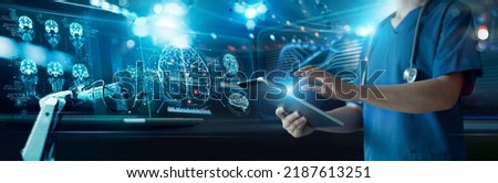 Healthcare and medical, Doctor and robotics research diagnose Human brains scan. Record and report with modern virtual interface, alzheimer's and parkinson, science, Innovation and Medical technology