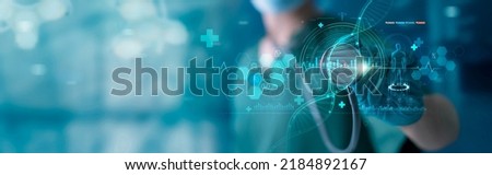 Healthcare and medical. Doctor and stethoscope touching icon DNA and digital healthcare and medical diagnosis of patient with network connection on modern hologram interface. Medical technology.