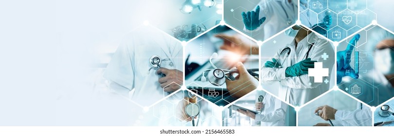 Healthcare and medical doctor working with professional team in physician, nursing assistant, laboratory research and development. Medical technology service to solve people health, Medical business. 