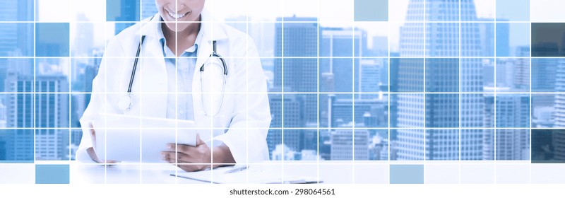 Healthcare, Medical And Technology Concept - Happy African American Female Doctor With Tablet Pc Computer Over City And Blue Grid Background