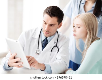 Healthcare, Medical And Technology - Doctor Showing Something Patient On Tablet Pc In Hospital