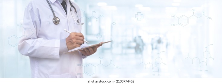 Healthcare and medical, telemedicine, medical technology concept. Medicine doctor with stethoscope using digital tablet computer with blurred hospital and patient background