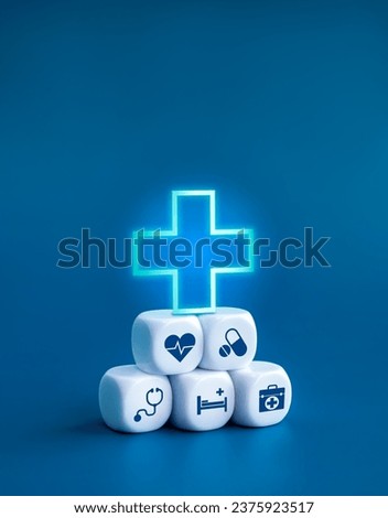 Healthcare medical, wellness plan and insurance concept. 3d Health care symbol and medical element icons, built on clean white blocks stacking pyramid shape isolated on blue background, vertical.