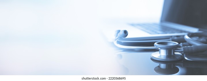 Healthcare And Medicine Background. Medical Stethoscope And Laptop Computer On Table With Copy Space. Online Medical, E-health Education, Health Business Web Banner