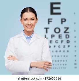 Healthcare And Medicine Concept - Smiling Female Doctor With Eye Chart