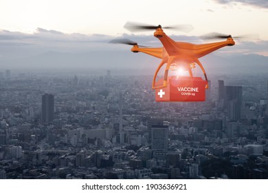 Healthcare Medicine Concept,automation Drone Robot Using For Delivery Vaccine Of Covid-19, Coronavirus To Patient With Internet Of Behaviors Everywhere Technology It Help To Make A Social Distant