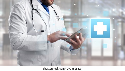 Healthcare And Medicine, Covid-19, Doctor Holding Digital Tablet And Diagnose