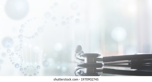 Healthcare And Medicine, Medical Technology Backgrounds, Stethoscope With DNA Structure, Science And Biotechnology Innovation, Genetic Research