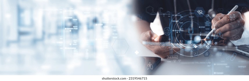 Healthcare and medicine, Medical technology, doctor using AI robots for diagnosis and medical research connecting with big data on virtual interface screen. Futuristic health technology background - Powered by Shutterstock