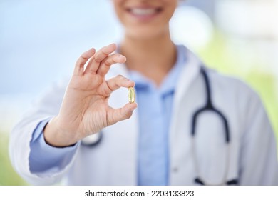 Healthcare, Medicine And Pills In A Hand Of A Doctor Working In A Hospital For Health, Wellness And Insurance. Medical Medication And Antibiotic In The Hands Of A Healthcare Practitioner In A Clinic