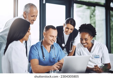 Healthcare, meeting and doctors with laptop for research, planning and hospital schedule management. Health, professional and people team online for collaboration, brainstorming or medical innovation - Shutterstock ID 2304305805