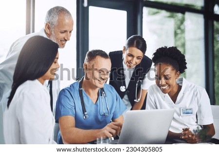 Healthcare, meeting and doctors with laptop for research, planning and hospital schedule management. Health, professional and people team online for collaboration, brainstorming or medical innovation