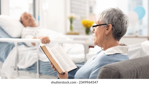 Healthcare, an old woman reading the bible to her husband during a visit and a couple in the hospital. Medical, retirement or religion with a senior wife and man patient at a clinic for faith in god - Powered by Shutterstock