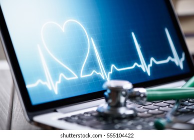 Healthcare Online. Stethoscope On Laptop Keyboard. Computer Protection Concept