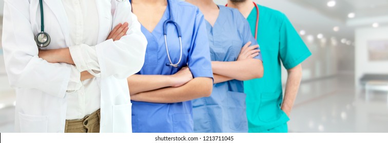 Healthcare people group. Professional doctor working in hospital office or clinic with other doctors, nurse and surgeon. Medical technology research institute and doctor staff service concept. - Shutterstock ID 1213711045
