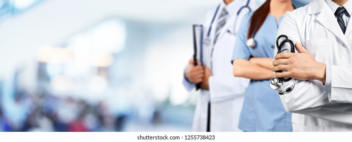 Healthcare People Group. Professional Doctor Working In Hospital Office Or Clinic With Other Doctors, Nurse And Surgeon. Medical Technology Research Institute And Doctor Staff Service Concept.