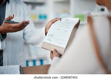 Healthcare, pharmacist hands with medicine for woman at counter buying prescription drugs at drug store. Health, wellness and medical insurance, man and customer at pharmacy for advice and pills.