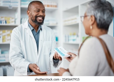 Healthcare, pharmacist and woman at counter with medicine or prescription drugs in hands at drug store. Health, wellness and medical insurance, man and customer at pharmacy for advice and pills. - Powered by Shutterstock