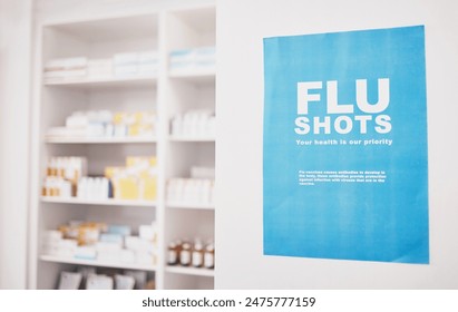 Healthcare, pharmacy or flu shots poster to promote vaccines or medicine at a drugstore. Advertising banner, pharmaceuticals background or shelf with medical pills, supplements or retail medication - Powered by Shutterstock