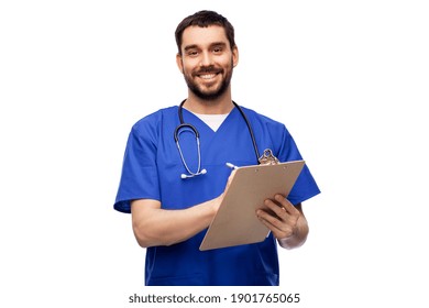 healthcare, profession and medicine concept - happy smiling doctor or male nurse in blue uniform writing medical report on clipboard over white background - Powered by Shutterstock