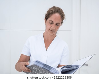 A healthcare professional examines patient records with focused attention in a clinical environment. The setting is clean and bright, promoting a sense of care and professionalism. - Powered by Shutterstock