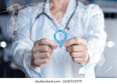 A healthcare professional holds a location marker in front of a digital world map. The setting highlights the integration of technology in the medical field, focusing on global services.