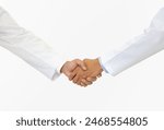 Healthcare professional and scientist in white lab coat shaking hand on white background. Closeup