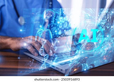 A healthcare professional uses a laptop with an AI interface, displaying advanced medical technology and 3D anatomy visuals, symbolizing the integration of artificial intelligence in modern healthcare - Powered by Shutterstock