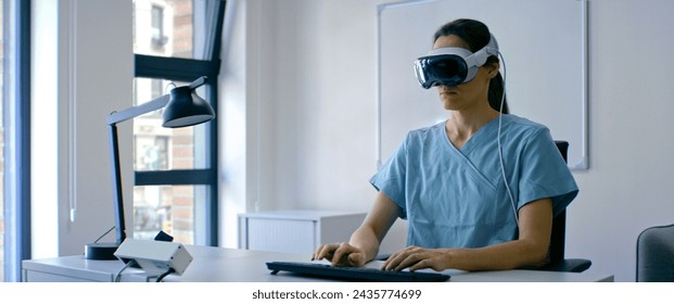 A healthcare professional using a spatial computing AR headset in medical diagnostics, signifying modern advancements in treatment