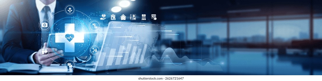 Healthcare professional using a tablet with a digital interface overlay showing patient data, medical records, and technology graphs health trends, diagnostic data, treatment plans, health analytics.
