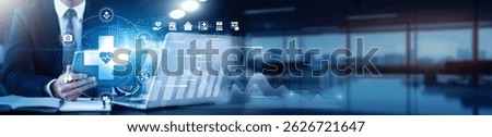 Healthcare professional using a tablet with a digital interface overlay showing patient data, medical records, and technology graphs health trends, diagnostic data, treatment plans, health analytics.