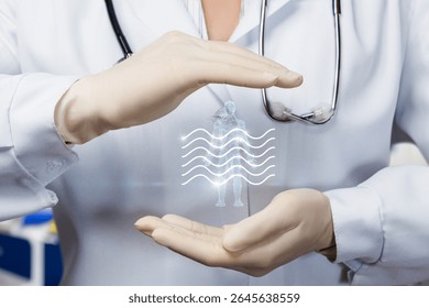 A healthcare professional in a white coat and gloves showcases a holographic representation of a human figure surrounded by wave patterns. This innovative technology enhances patient care.