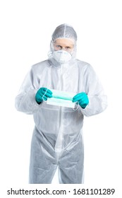 A Healthcare Provider Suggests Wearing A Respirator Mask To Protect Against Respiratory Diseases Such As Flu, Coronavirus, And Ebola. Isolated.