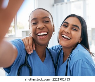 Healthcare, selfie and portrait of doctors working at a hospital, happy and smile while bonding and having fun. Face, nurse and medical intern women friends, pose and embrace for picture at a clinic - Powered by Shutterstock