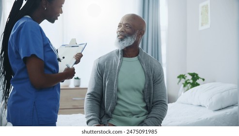 Healthcare, senior man and nurse with clipboard, consultation and questions for medical info. Black people, elderly patient and caregiver for arthritis, alzheimer and talking with checklist in clinic - Powered by Shutterstock