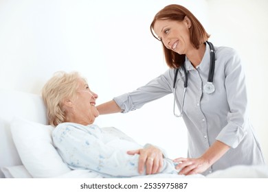 Healthcare, senior woman and doctor with checkup for recovery, compassion and consultation in bed. Hospital, cardiologist and happy elderly patient with oxygen tube for pneumonia, asthma and support - Powered by Shutterstock