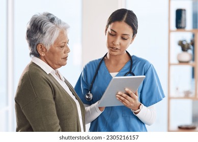 Healthcare, senior woman or doctor with tablet, patient or conversation with connection. Female person, employee or medical professional with mature lady, telehealth or support with diagnosis - Powered by Shutterstock