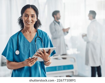 Healthcare, tablet and portrait of black woman nurse or doctor in hospital for support, success and help. Health, wellness and medicine, confident medical worker with smile, stethoscope and doctors. - Powered by Shutterstock