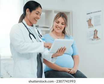 Healthcare, tablet and pregnant woman at a prenatal consultation for health in a medical clinic. Wellness, maternity and female pregnancy doctor speaking to a mother with a digital mobile in hospital - Powered by Shutterstock